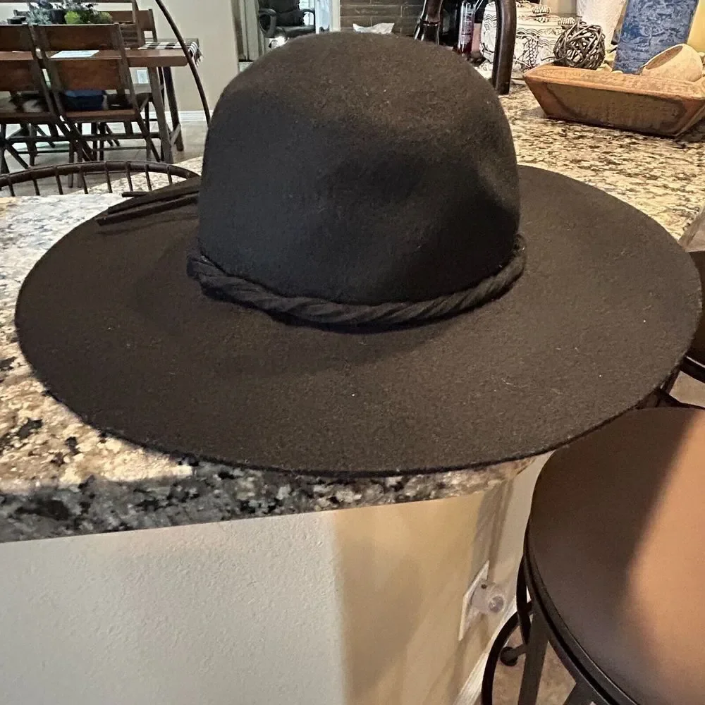 100% Wool Black Felt Medium Brim Fedora Bohemian Hat One Size Trim Festival Shlf